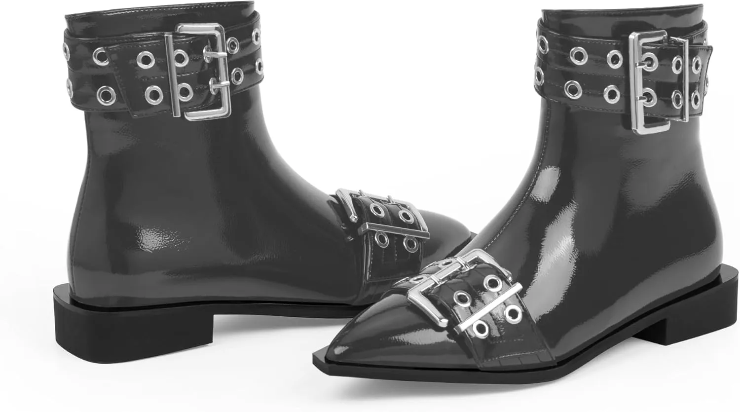 Women's Goth Pointed Toe Ankle Boots Flat Buckle Strap Booties
