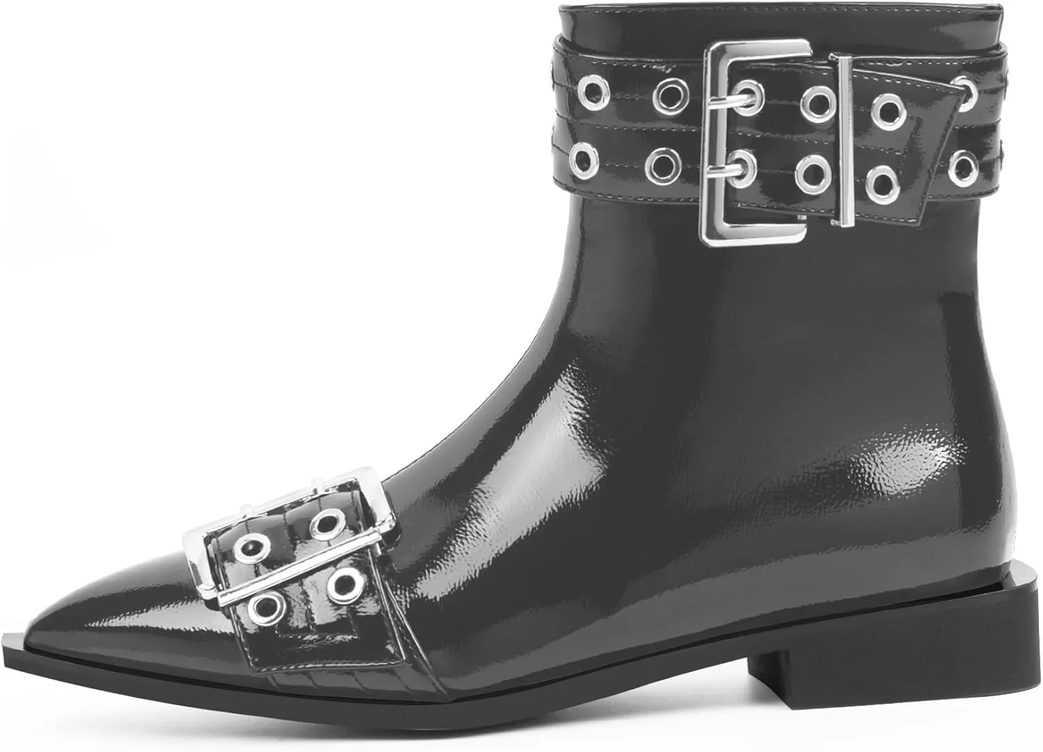 Women's Goth Pointed Toe Ankle Boots Flat Buckle Strap Booties