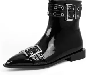 Women's Goth Pointed Toe Ankle Boots Flat Buckle Strap Booties