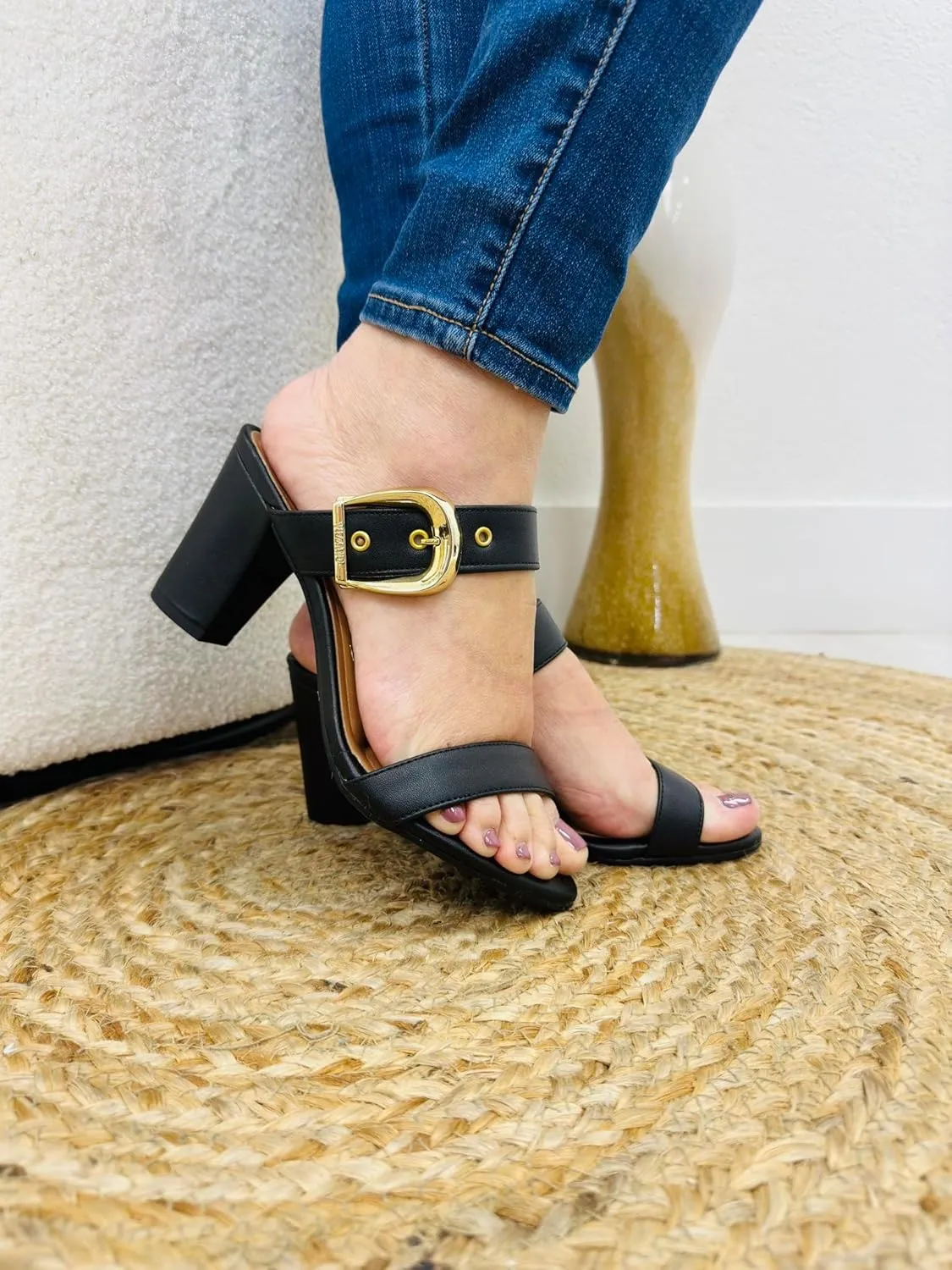 Women's Heeled Sandals with Buckle Strap,(4 COLORS) BLACK GOLD,OLIVE,BEIGE,BLACK