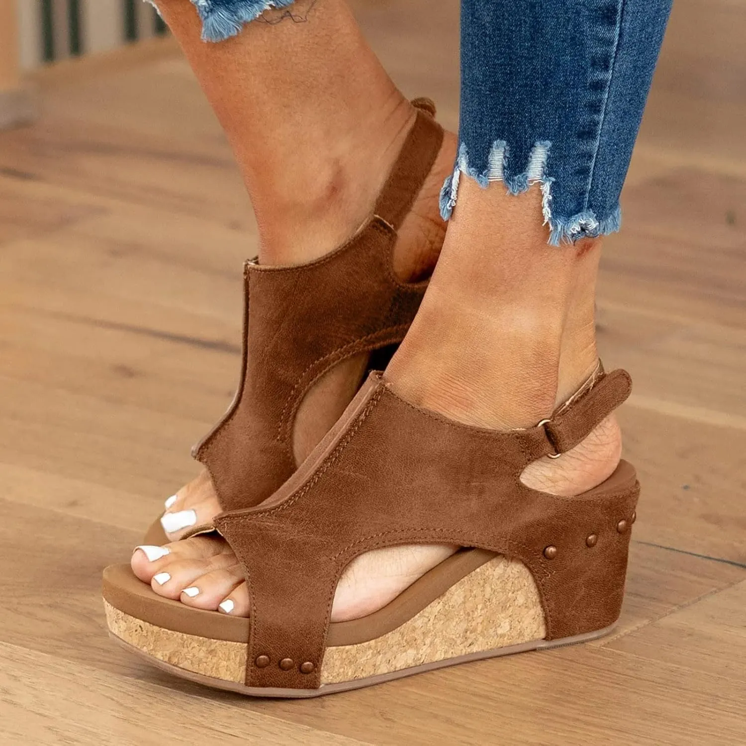 Women's Low Wedge Heels Summer Dressy Platform Sandals Cork Cushion Elastic Ankle Strap Slides Sandals Lightweight for All Day Wear Comfortable Outdoor Shoes