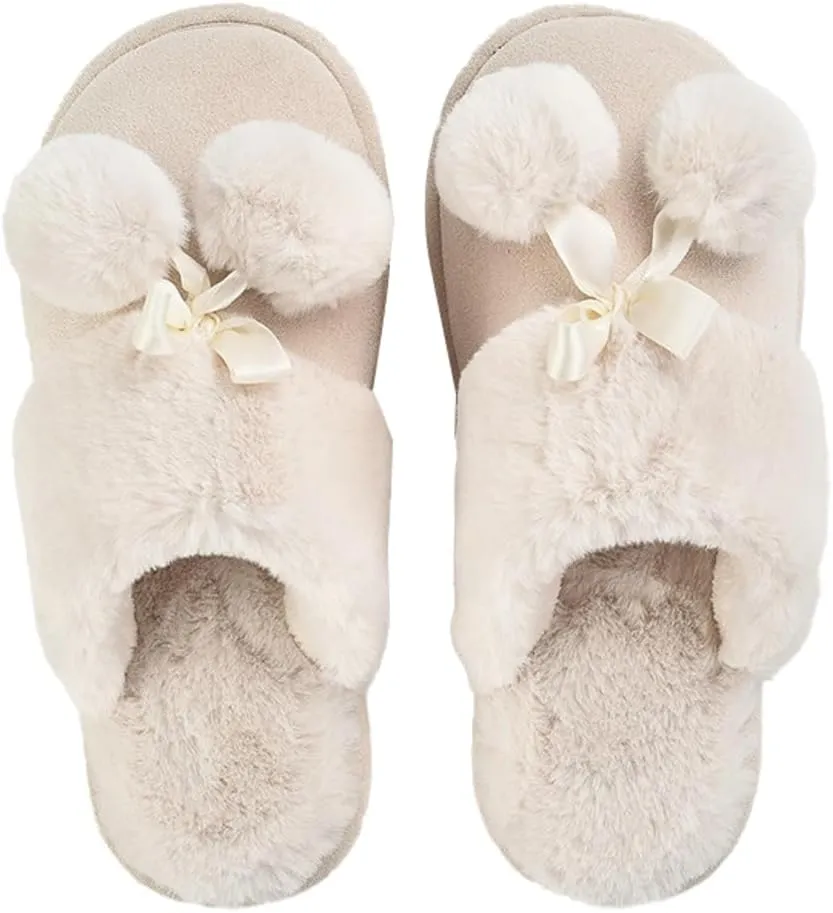 Women's Mens Cute Fuzzy Memory Foam Slippers Fluffy Winter Warm House Shoes Anti-Slip Bedroom Slides Indoor Outdoor with Pompom