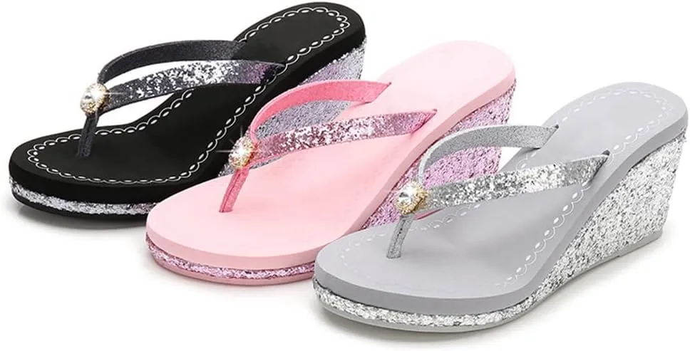 Women's Platform Flip Flops Rhinestone Sandals Wedge Slipper For Summer