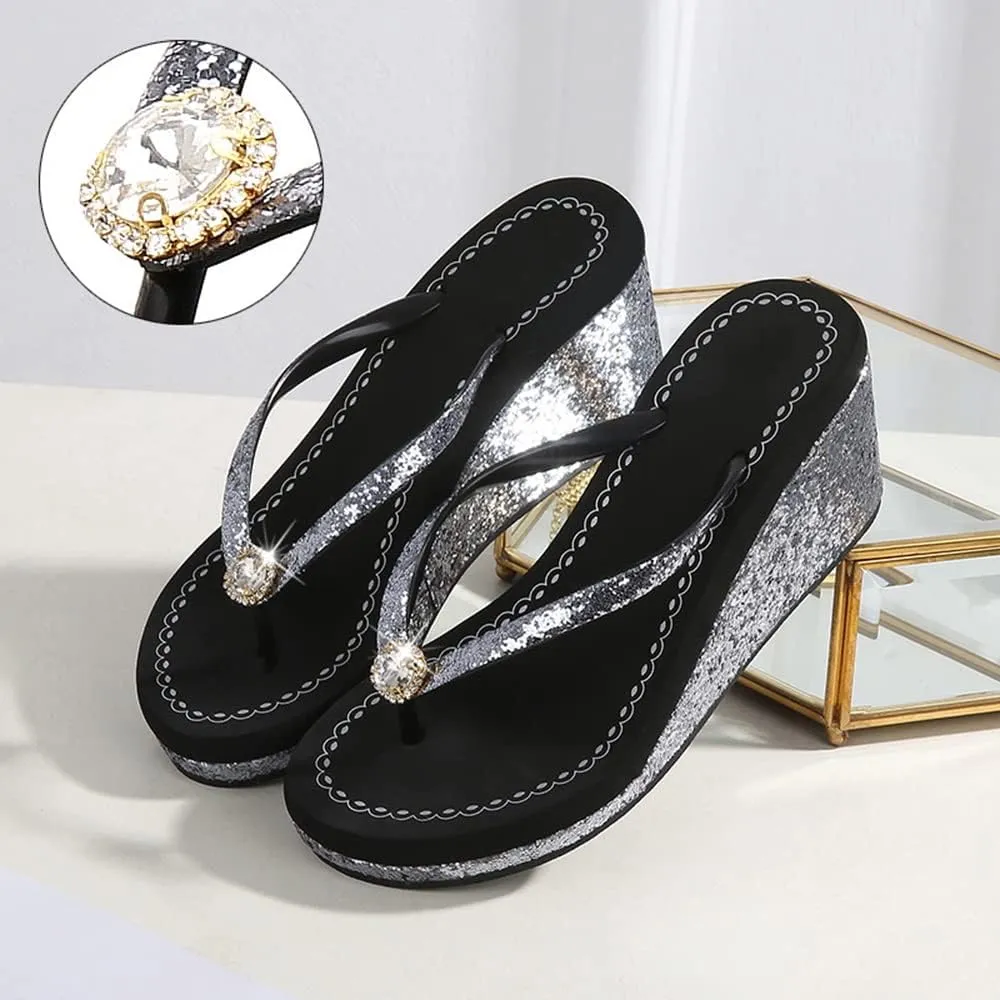 Women's Platform Flip Flops Rhinestone Sandals Wedge Slipper For Summer