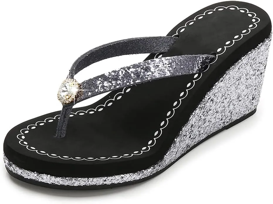 Women's Platform Flip Flops Rhinestone Sandals Wedge Slipper For Summer