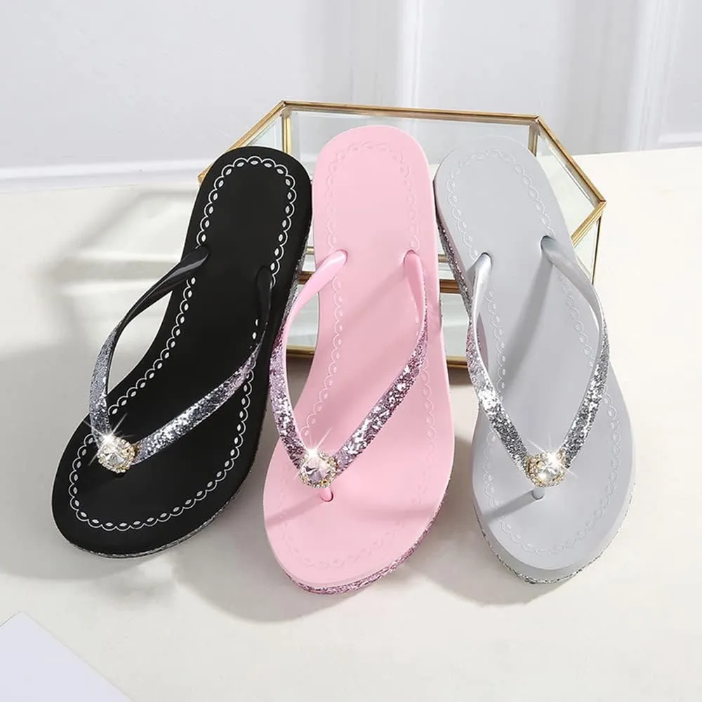 Women's Platform Flip Flops Rhinestone Sandals Wedge Slipper For Summer