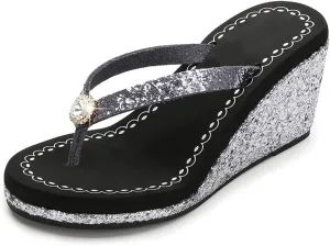 Women's Platform Flip Flops Rhinestone Sandals Wedge Slipper For Summer