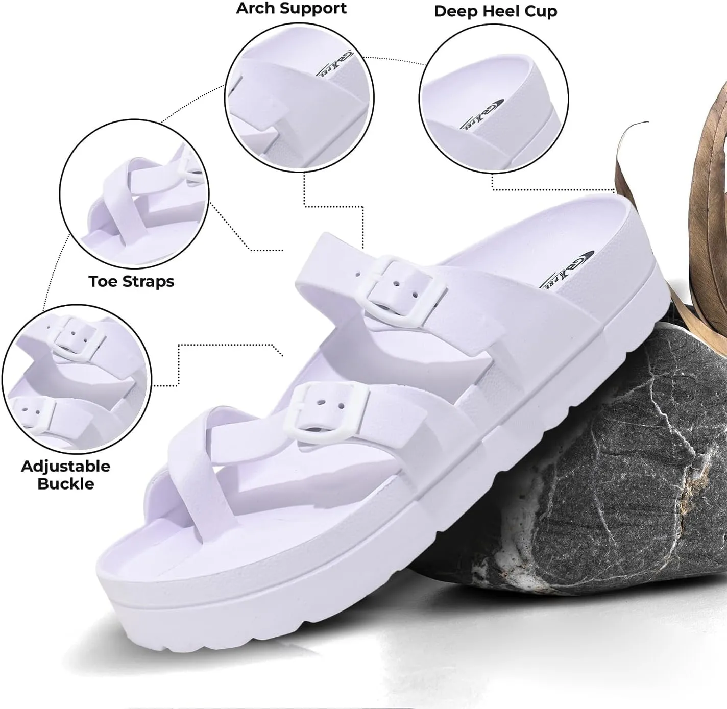 Women's Platform Sandals - Arch Support, Comfortable Foam Slides with Adjustable Buckle, Lightweight Thick Soles | Ultra Cushion