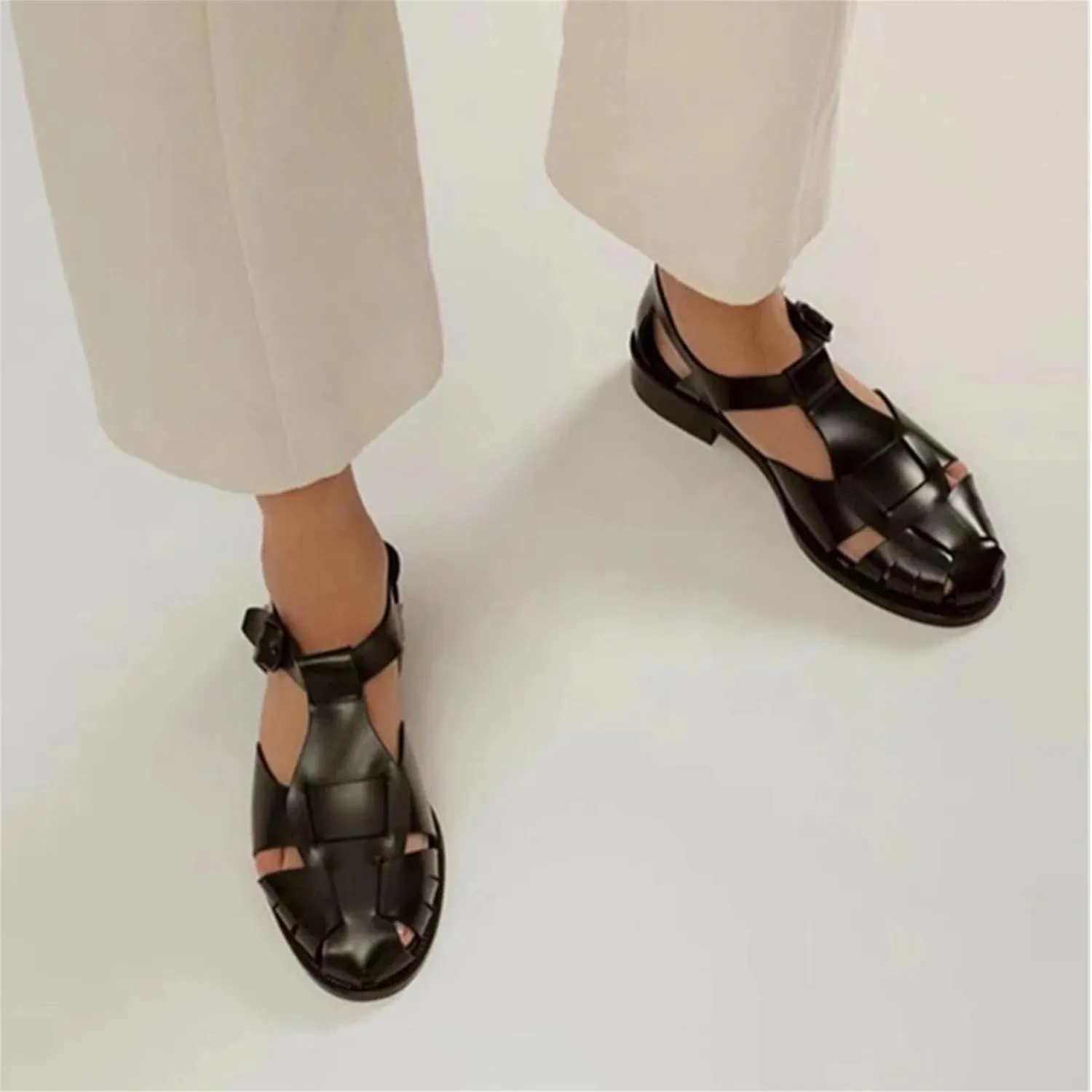 Women's Retro Roman Sandals, Hand Woven Cowhide Leather Minimalist Flat