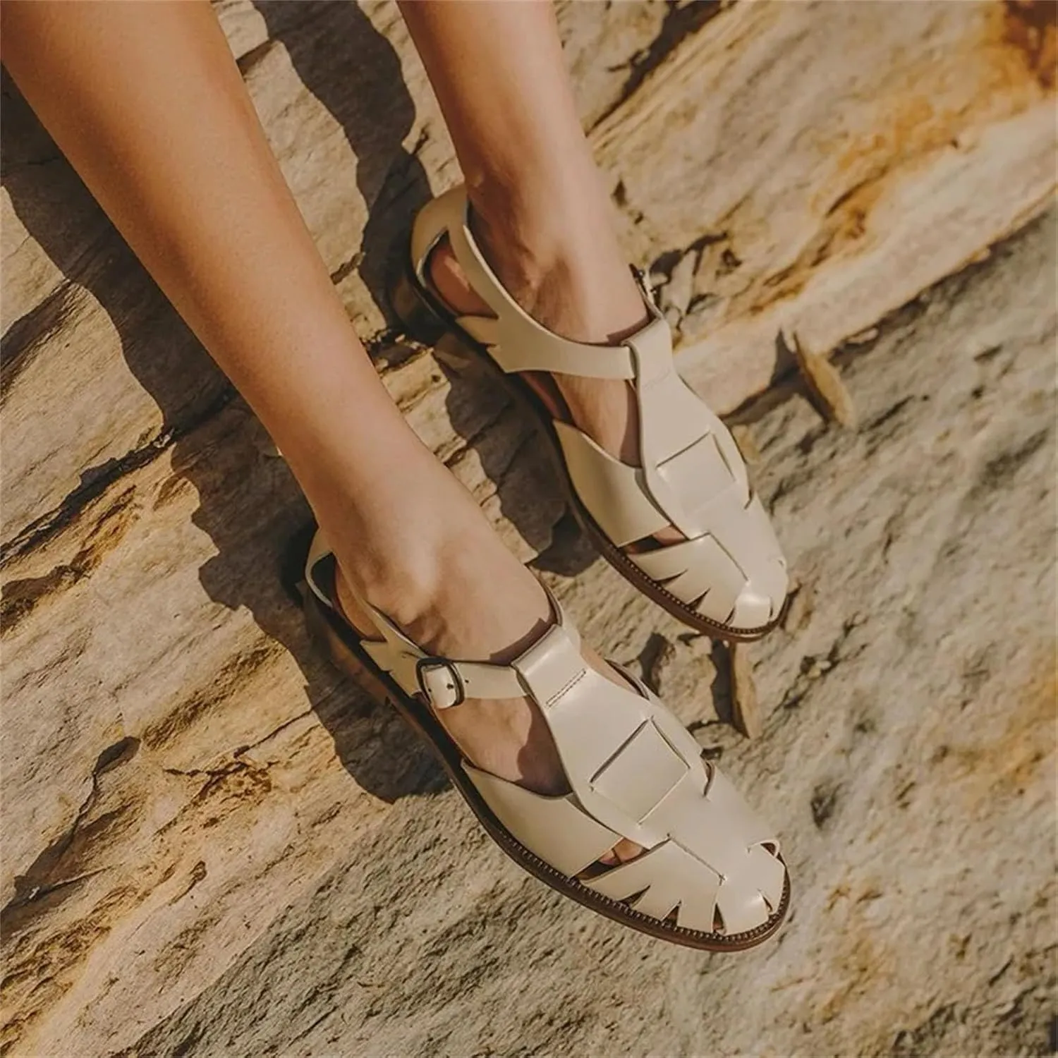 Women's Retro Roman Sandals, Hand Woven Cowhide Leather Minimalist Flat