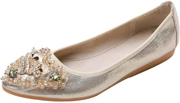 Women's Rhinestone Flats Sequins Wedding Shoes Comfort Pointed Toe Ballet Flat Shoe Low Heel Dress Shoe