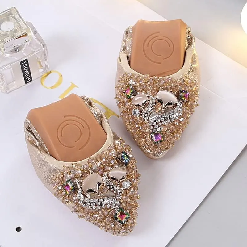 Women's Rhinestone Flats Sequins Wedding Shoes Comfort Pointed Toe Ballet Flat Shoe Low Heel Dress Shoe
