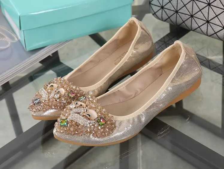 Women's Rhinestone Flats Sequins Wedding Shoes Comfort Pointed Toe Ballet Flat Shoe Low Heel Dress Shoe