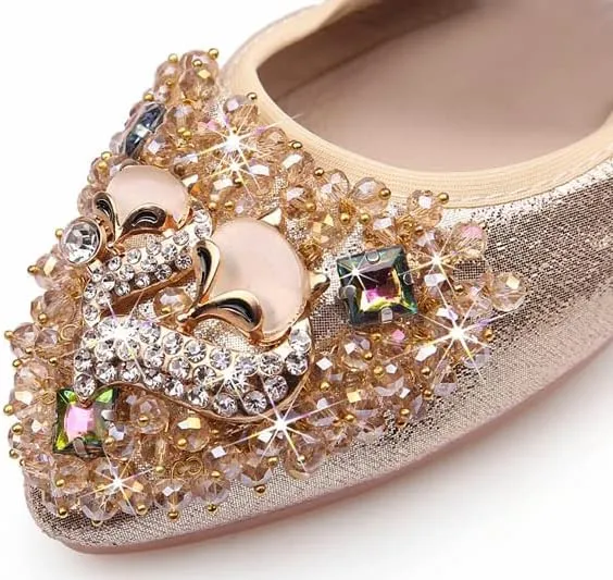 Women's Rhinestone Flats Sequins Wedding Shoes Comfort Pointed Toe Ballet Flat Shoe Low Heel Dress Shoe