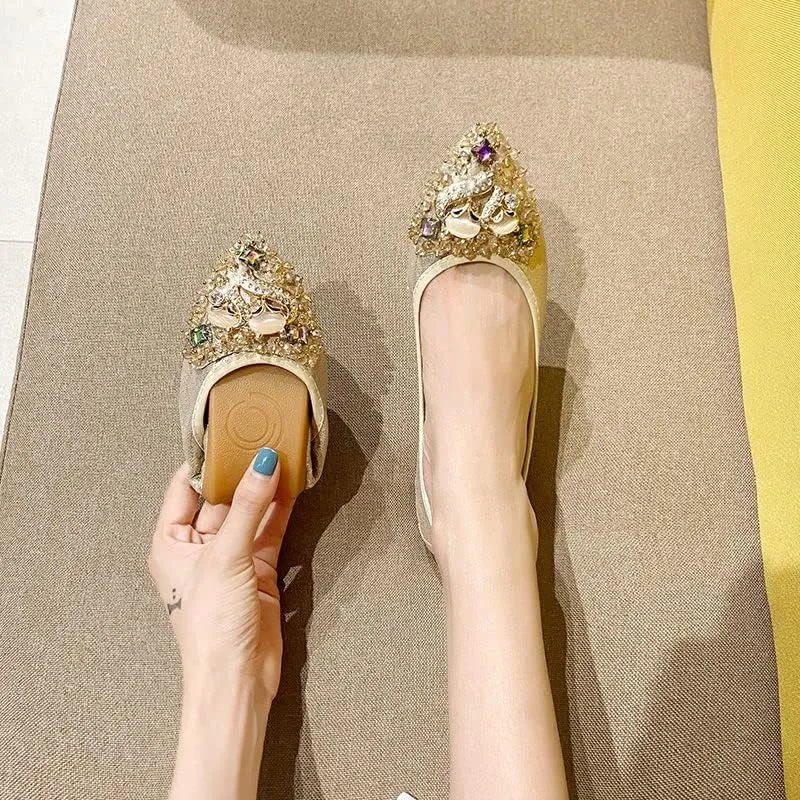 Women's Rhinestone Flats Sequins Wedding Shoes Comfort Pointed Toe Ballet Flat Shoe Low Heel Dress Shoe