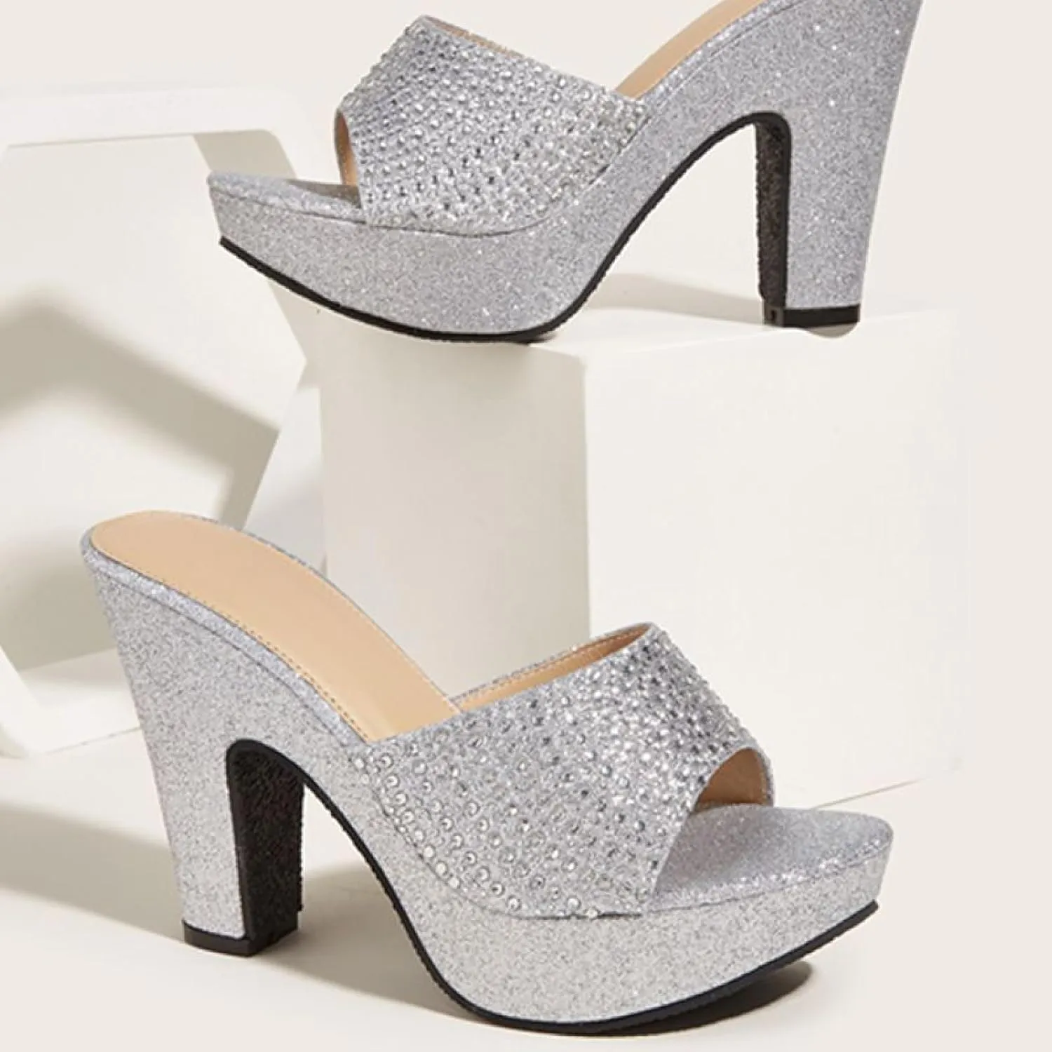Women's Rhinestones One Strap Chunky Heel Mule Sandals Sexy Pointed Toe Slip On Platform Wedge Fashion Dress Wedding Shoe for Business Party Dating