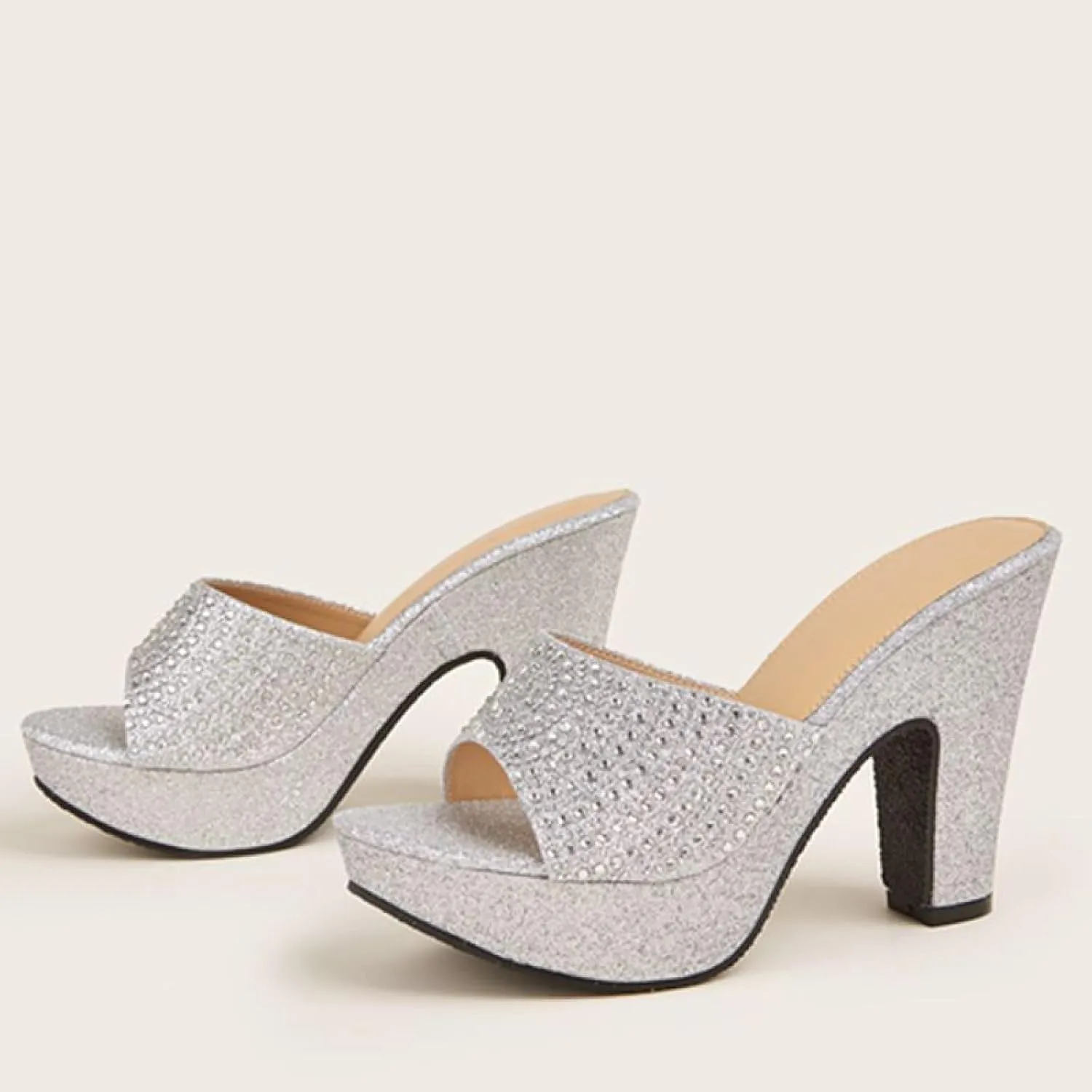 Women's Rhinestones One Strap Chunky Heel Mule Sandals Sexy Pointed Toe Slip On Platform Wedge Fashion Dress Wedding Shoe for Business Party Dating