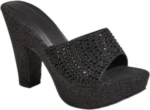 Women's Rhinestones One Strap Chunky Heel Mule Sandals Sexy Pointed Toe Slip On Platform Wedge Fashion Dress Wedding Shoe for Business Party Dating