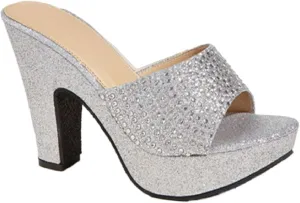 Women's Rhinestones One Strap Chunky Heel Mule Sandals Sexy Pointed Toe Slip On Platform Wedge Fashion Dress Wedding Shoe for Business Party Dating