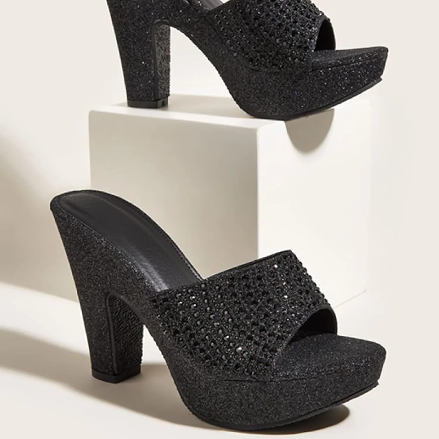 Women's Rhinestones One Strap Chunky Heel Mule Sandals Sexy Pointed Toe Slip On Platform Wedge Fashion Dress Wedding Shoe for Business Party Dating
