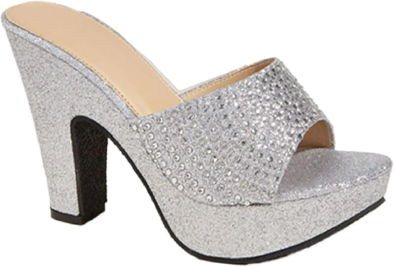 Women's Rhinestones One Strap Chunky Heel Mule Sandals Sexy Pointed Toe Slip On Platform Wedge Fashion Dress Wedding Shoe for Business Party Dating