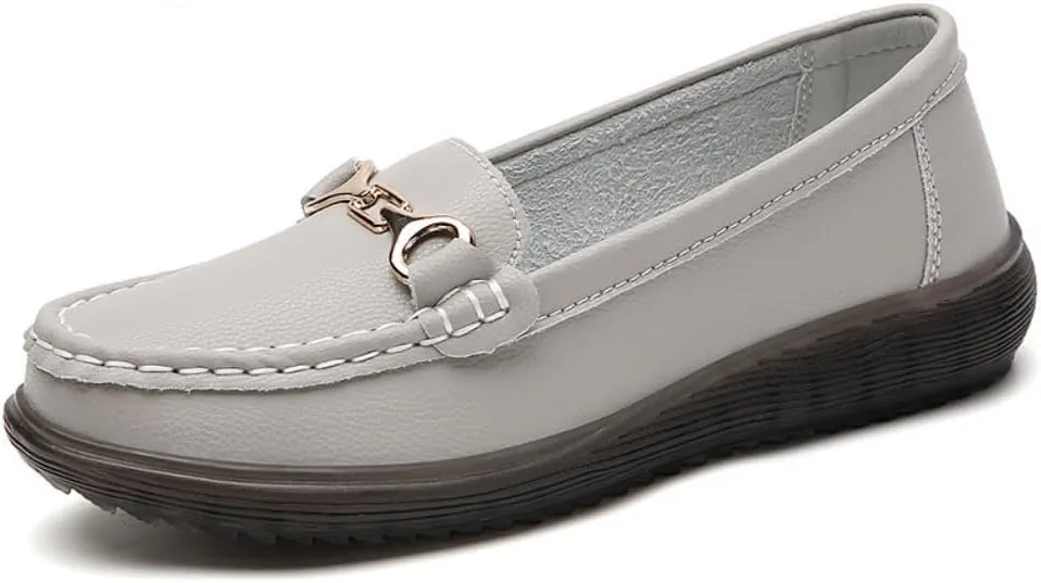 Womens Round Toe Wide Shoes Breathable Lightweight Loafers for Elderly Women Walking Nurse Work Flat Slip-On Shoes