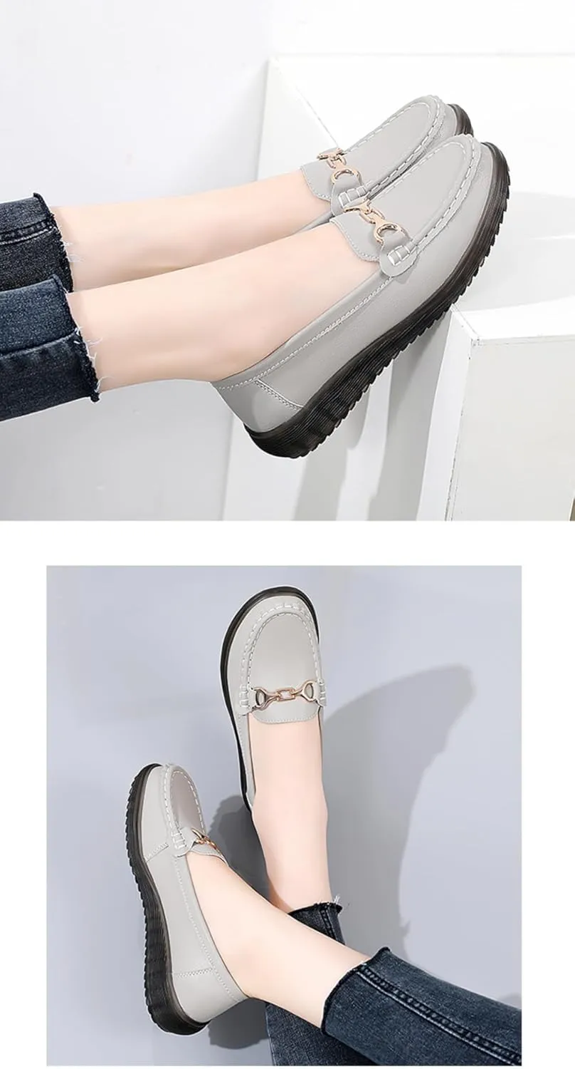 Womens Round Toe Wide Shoes Breathable Lightweight Loafers for Elderly Women Walking Nurse Work Flat Slip-On Shoes
