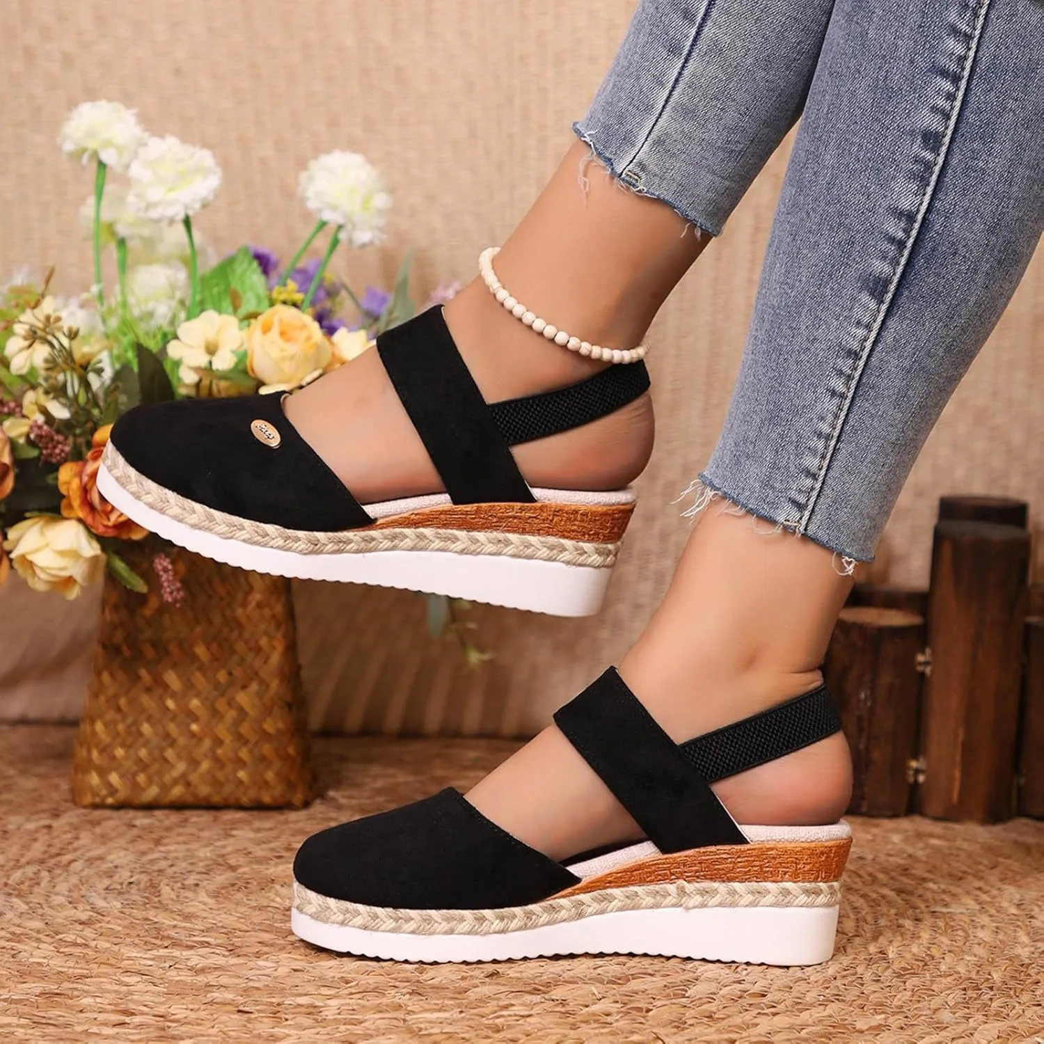 Womens Sandals 2025 Platform Suede Wedges Heel Sandals Slip On Sandals Flatform Closed Toe Beach Sandals