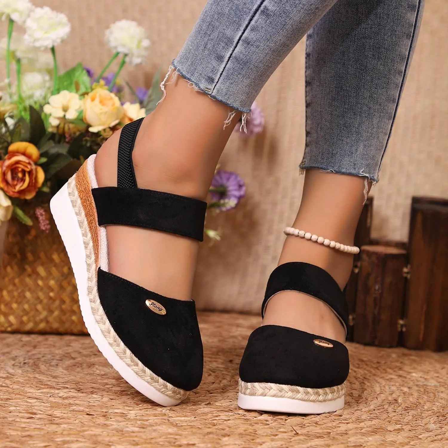 Womens Sandals 2025 Platform Suede Wedges Heel Sandals Slip On Sandals Flatform Closed Toe Beach Sandals