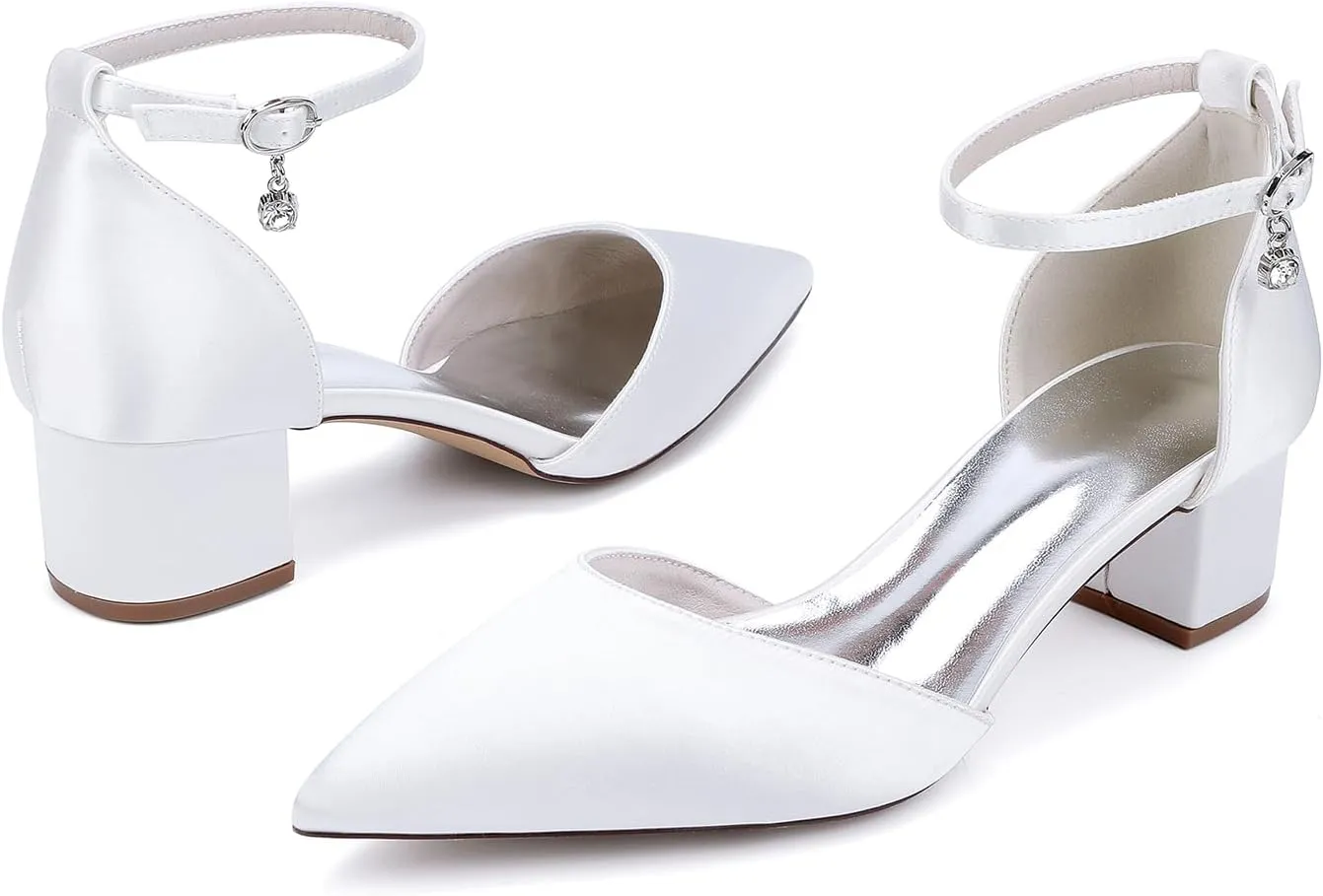Women's Satin Bridal Wedding Shoes Closed Toe Pointed Mid Heel Wedding Party Dress Shoes