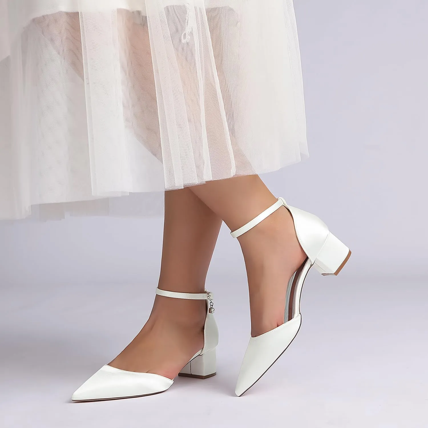 Women's Satin Bridal Wedding Shoes Closed Toe Pointed Mid Heel Wedding Party Dress Shoes