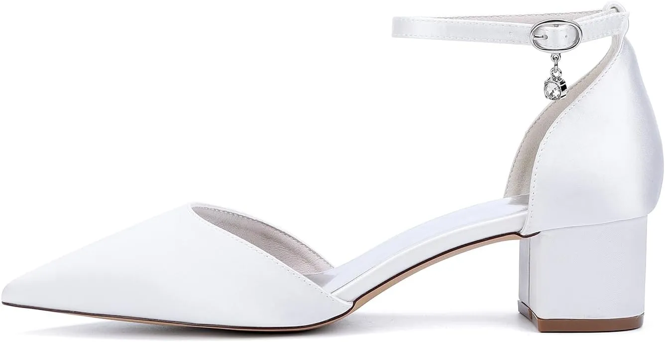 Women's Satin Bridal Wedding Shoes Closed Toe Pointed Mid Heel Wedding Party Dress Shoes