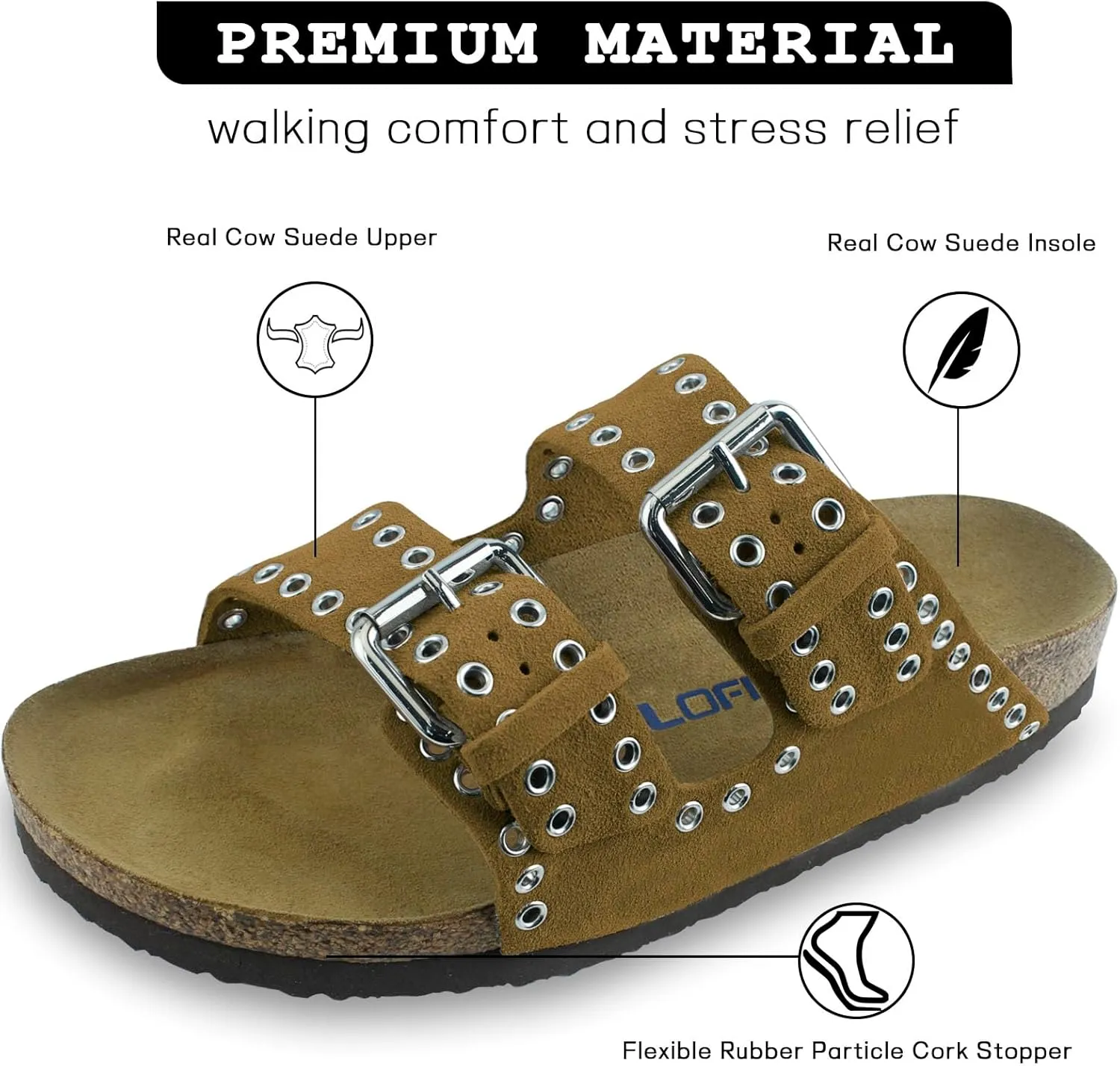 Women's Suede Sandals With Orthopedic Cork Footbed Adjustable Buckle Slides Men's Studded Open Toe Slip On Sandals