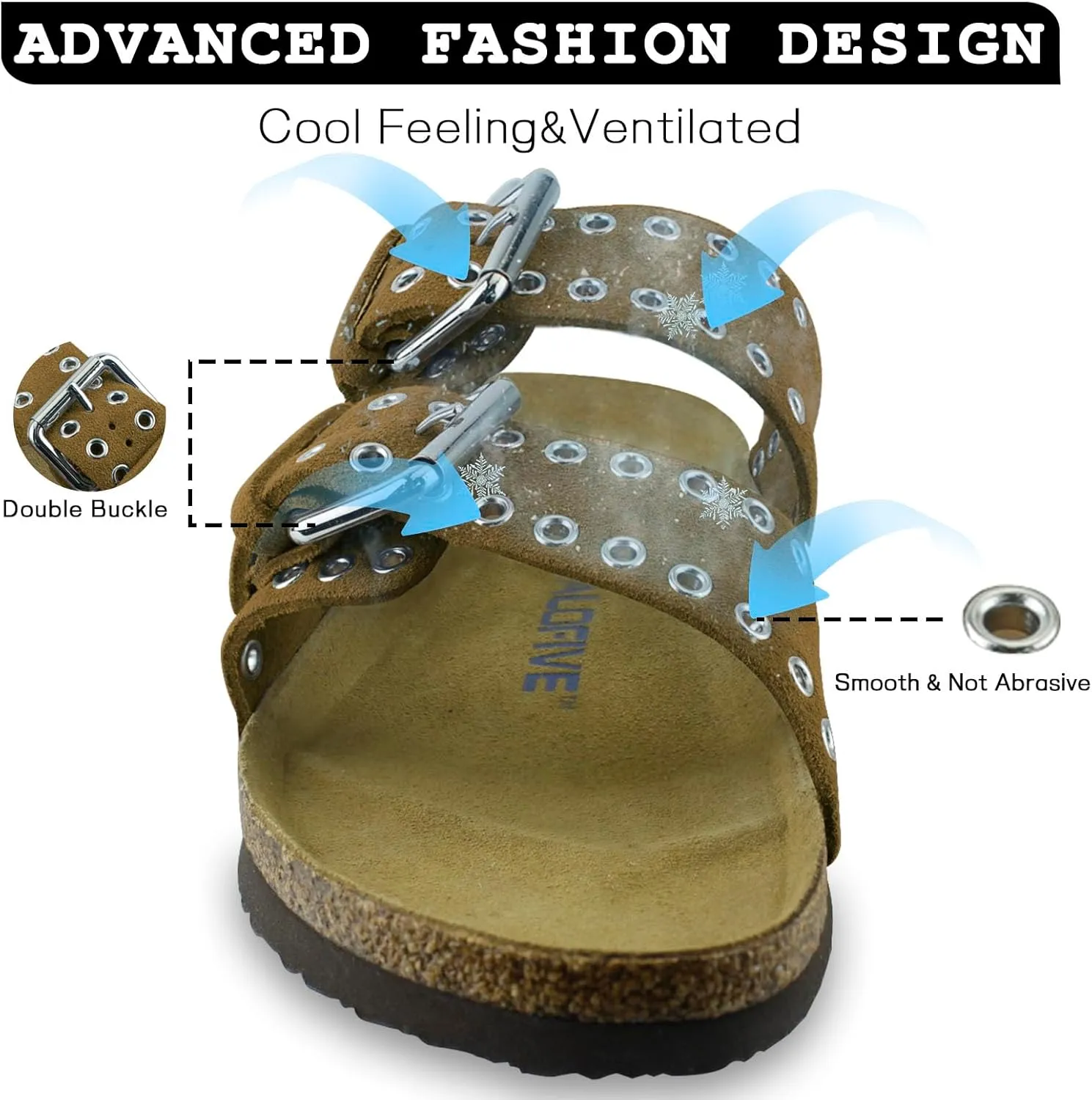 Women's Suede Sandals With Orthopedic Cork Footbed Adjustable Buckle Slides Men's Studded Open Toe Slip On Sandals