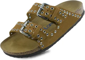 Women's Suede Sandals With Orthopedic Cork Footbed Adjustable Buckle Slides Men's Studded Open Toe Slip On Sandals