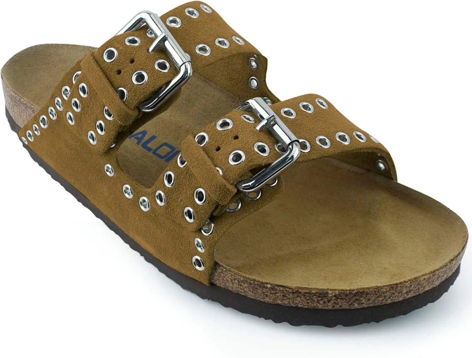 Women's Suede Sandals With Orthopedic Cork Footbed Adjustable Buckle Slides Men's Studded Open Toe Slip On Sandals