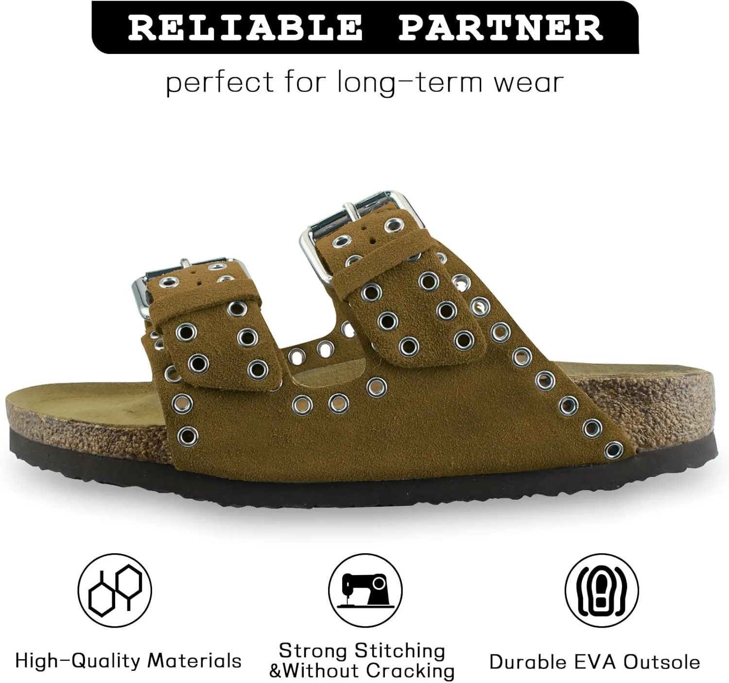 Women's Suede Sandals With Orthopedic Cork Footbed Adjustable Buckle Slides Men's Studded Open Toe Slip On Sandals