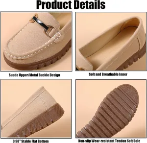Women's Suede SOFE Sole Slip On Flat Loafers,Fashion Hand Stitching Metal Buckle Comfort Tendon Sole Moccasins Casual Outdoor Walking Driving Shoes