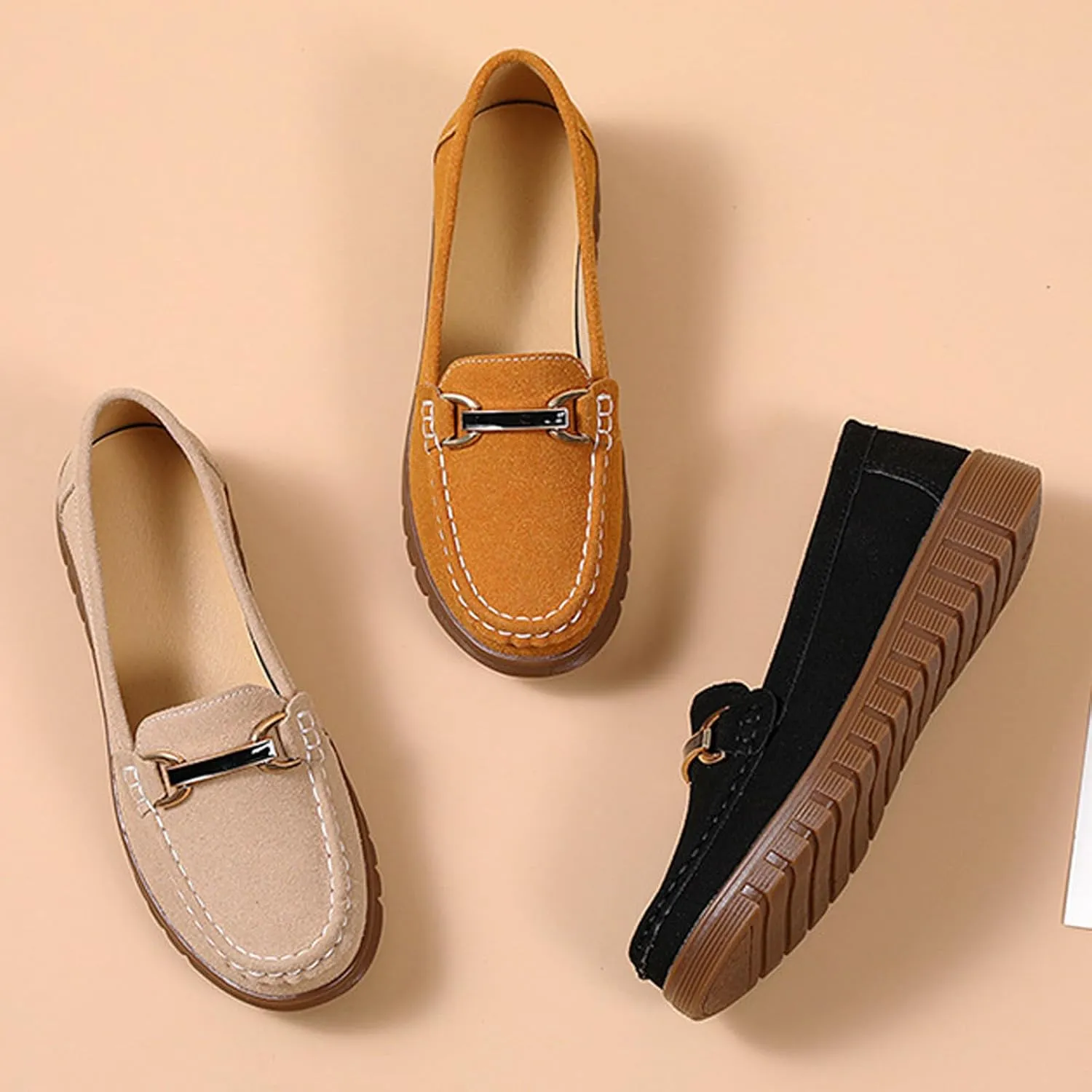 Women's Suede SOFE Sole Slip On Flat Loafers,Fashion Hand Stitching Metal Buckle Comfort Tendon Sole Moccasins Casual Outdoor Walking Driving Shoes