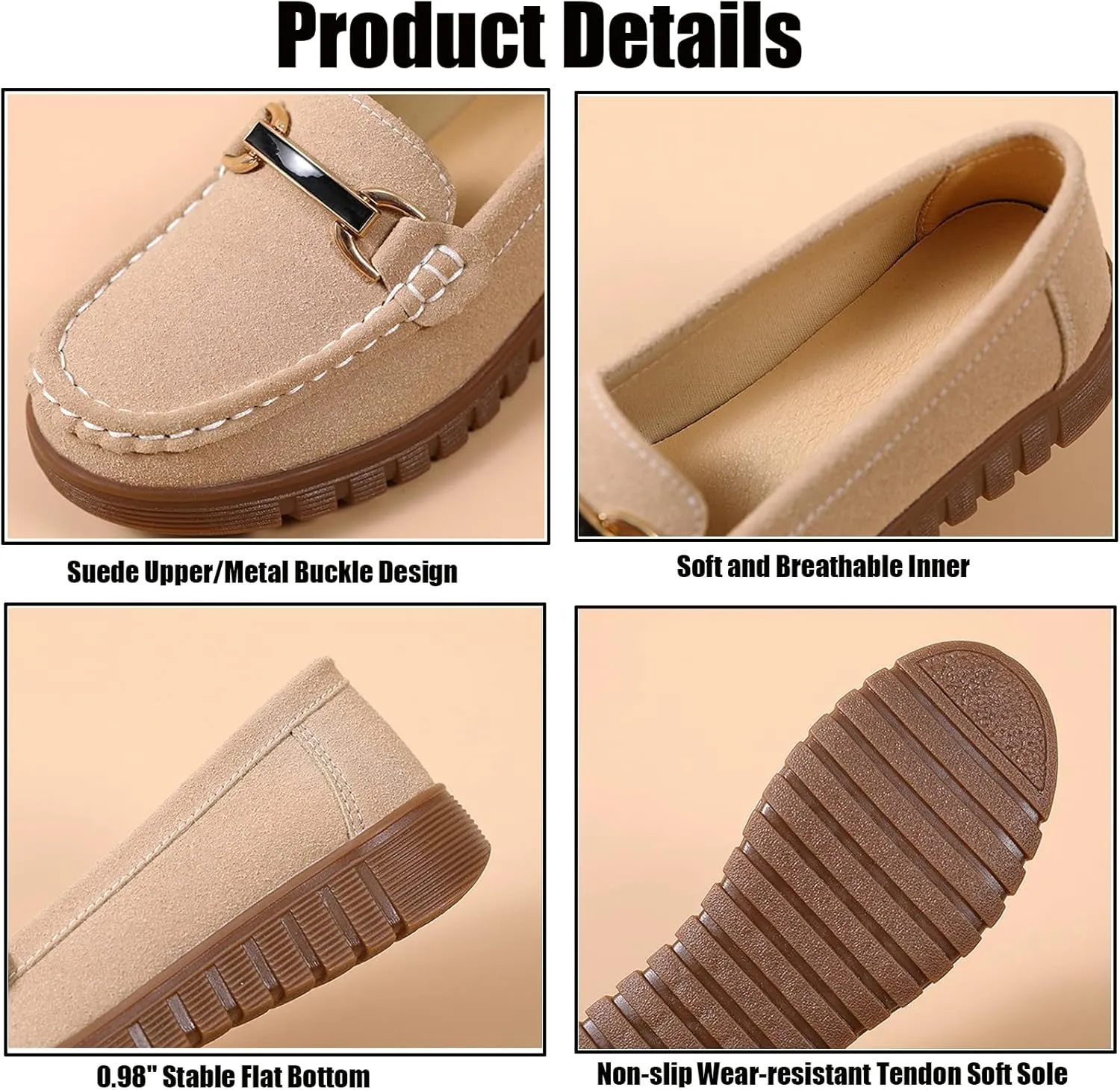 Women's Suede SOFE Sole Slip On Flat Loafers,Fashion Hand Stitching Metal Buckle Comfort Tendon Sole Moccasins Casual Outdoor Walking Driving Shoes