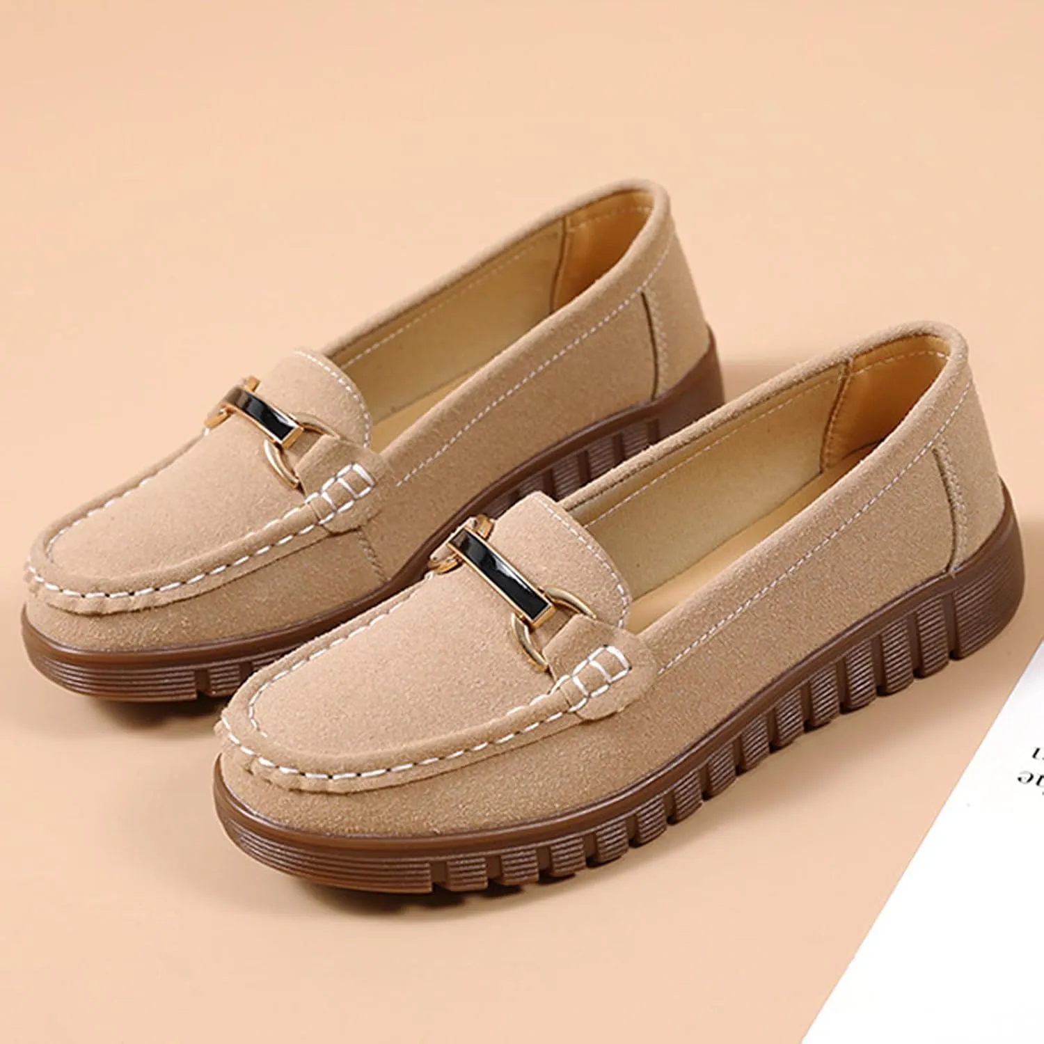 Women's Suede SOFE Sole Slip On Flat Loafers,Fashion Hand Stitching Metal Buckle Comfort Tendon Sole Moccasins Casual Outdoor Walking Driving Shoes
