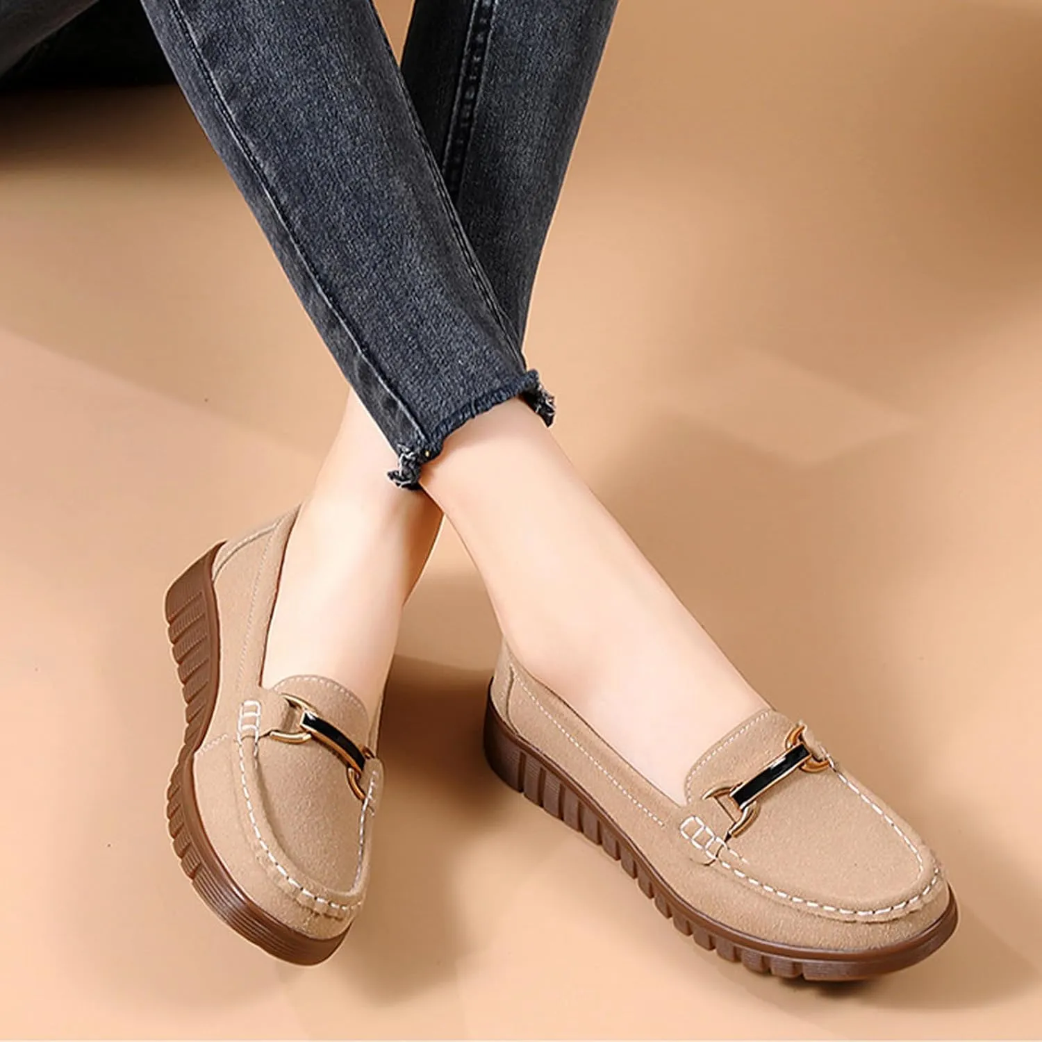 Women's Suede SOFE Sole Slip On Flat Loafers,Fashion Hand Stitching Metal Buckle Comfort Tendon Sole Moccasins Casual Outdoor Walking Driving Shoes