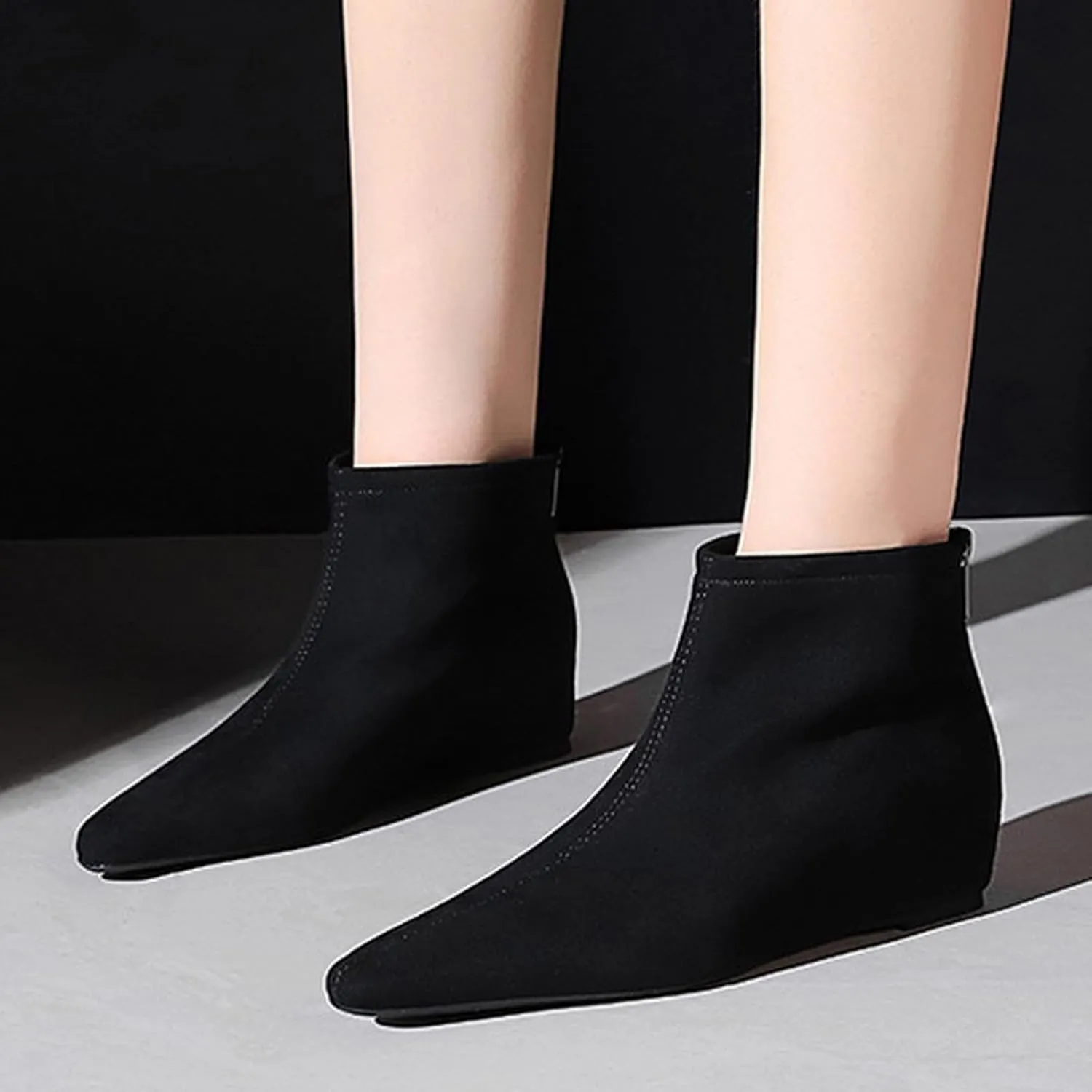 Women's Suede Spring Fall Classic Flat Dress Ankle Boots Retro Pointed Toe Back Zippers Invisible Height Increasing Wedge Casual Short Booties for Office Work Date