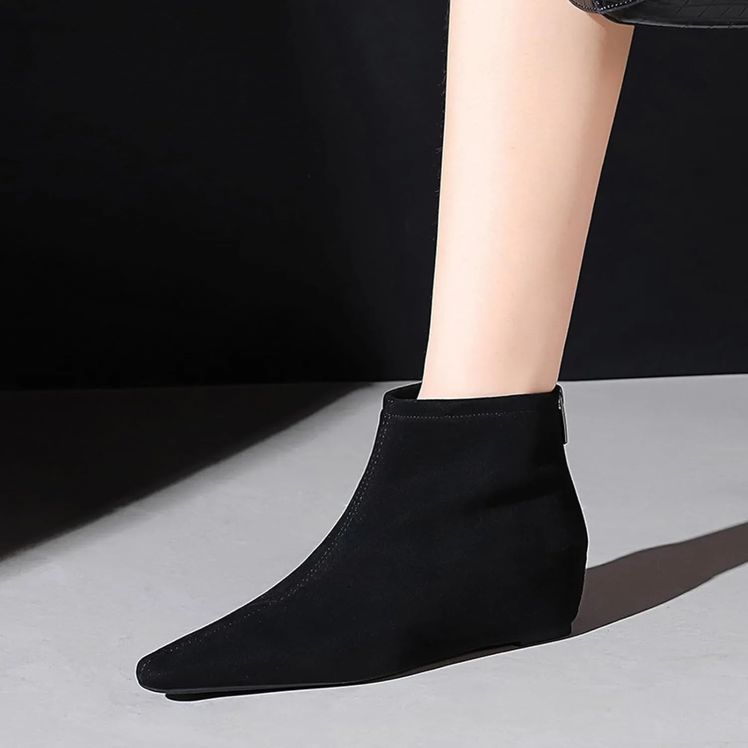 Women's Suede Spring Fall Classic Flat Dress Ankle Boots Retro Pointed Toe Back Zippers Invisible Height Increasing Wedge Casual Short Booties for Office Work Date