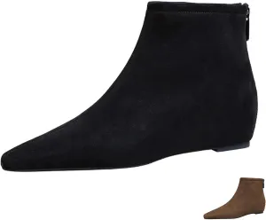Women's Suede Spring Fall Classic Flat Dress Ankle Boots Retro Pointed Toe Back Zippers Invisible Height Increasing Wedge Casual Short Booties for Office Work Date
