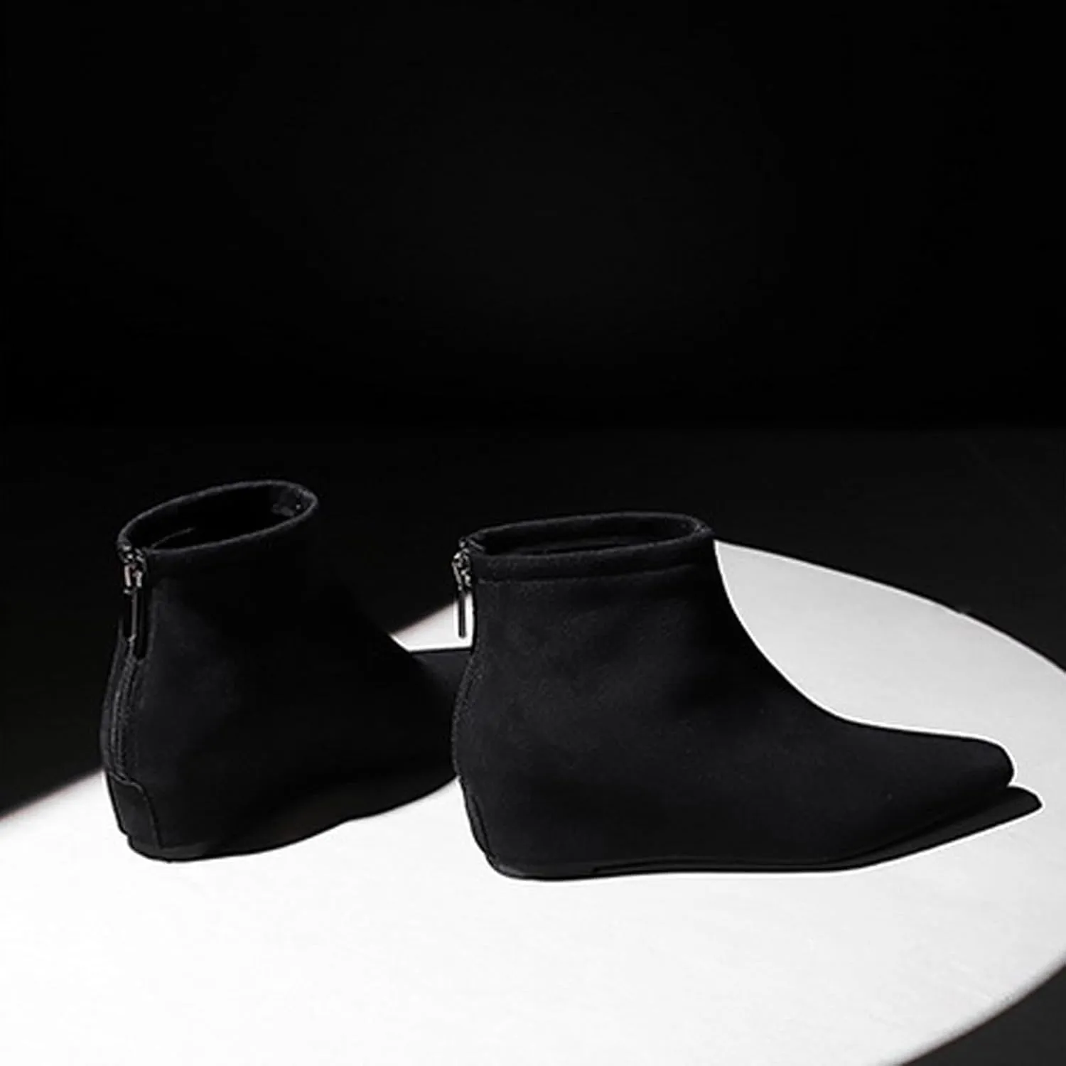 Women's Suede Spring Fall Classic Flat Dress Ankle Boots Retro Pointed Toe Back Zippers Invisible Height Increasing Wedge Casual Short Booties for Office Work Date