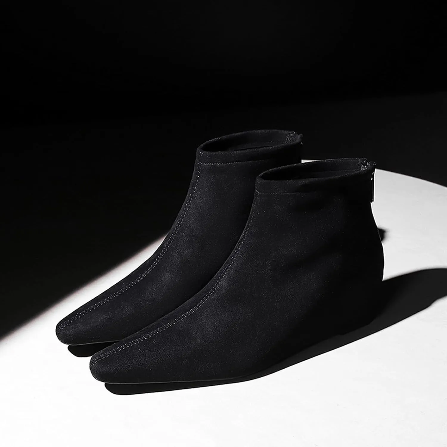 Women's Suede Spring Fall Classic Flat Dress Ankle Boots Retro Pointed Toe Back Zippers Invisible Height Increasing Wedge Casual Short Booties for Office Work Date