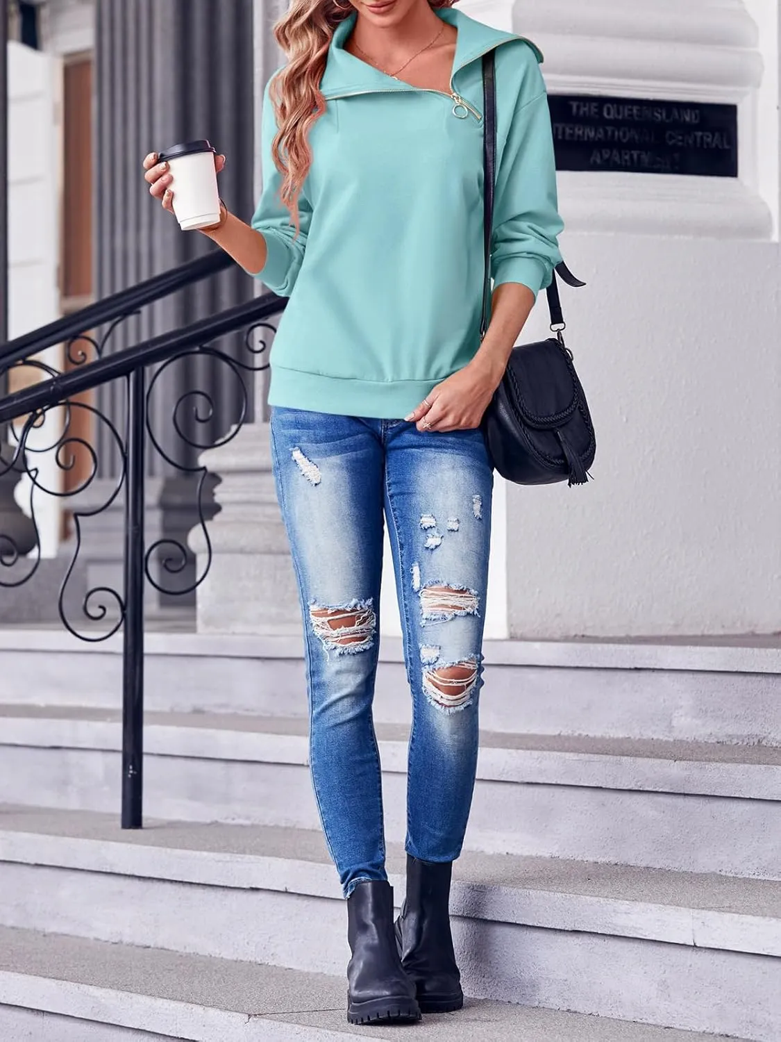 Womens Zipper Sweatshirt Turtleneck Long Sleeve Pullover Casual Loose Sweatshirts Top T Shirts