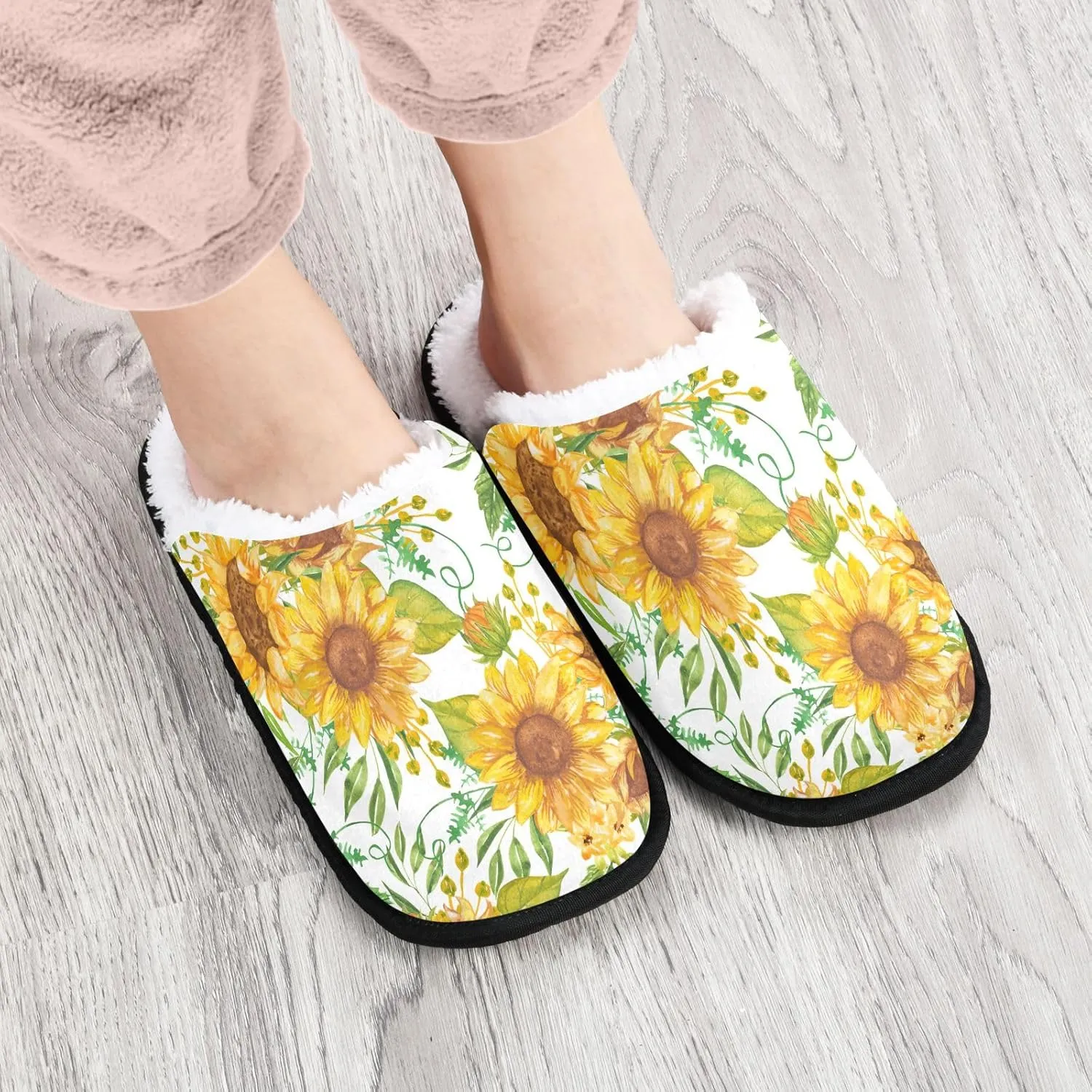 Yellow Sunflowers Green Leaves Home Slippers Women Cotton Home Slippers House Shoes for Guests Size 5 to 8