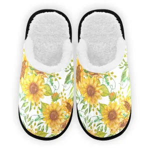 Yellow Sunflowers Green Leaves Home Slippers Women Cotton Home Slippers House Shoes for Guests Size 5 to 8